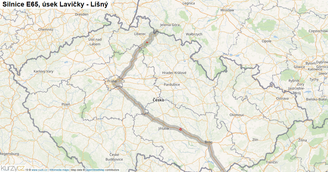 Úsek Lavičky - Líšný, Silnice E65 - Mapa