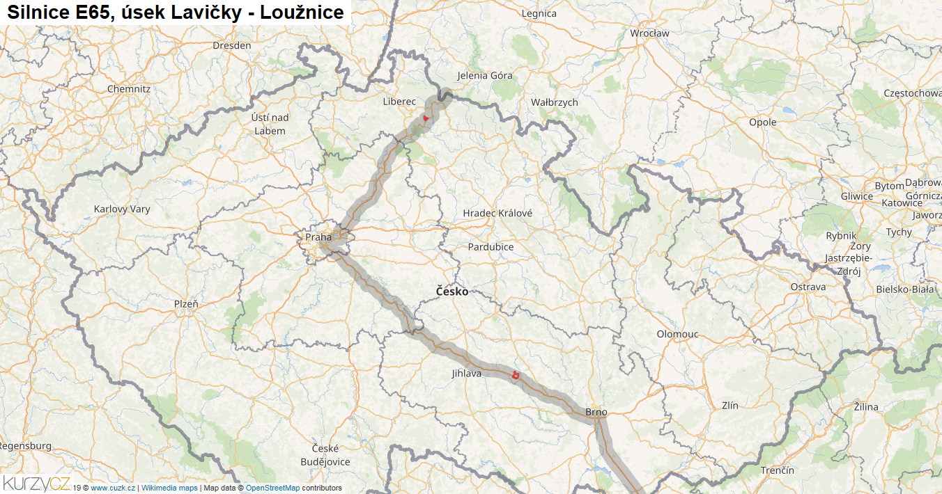 Úsek Lavičky - Loužnice, Silnice E65 - Mapa