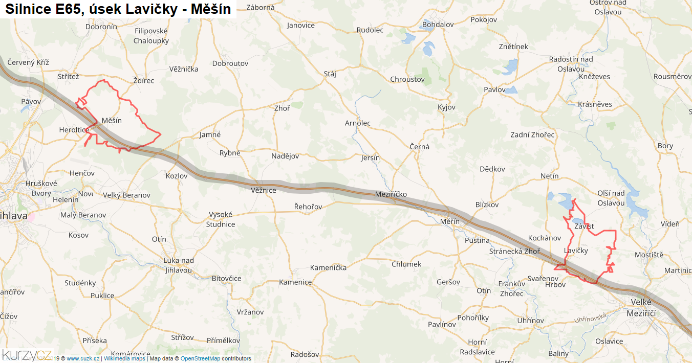 Úsek Lavičky - Měšín, Silnice E65 - Mapa