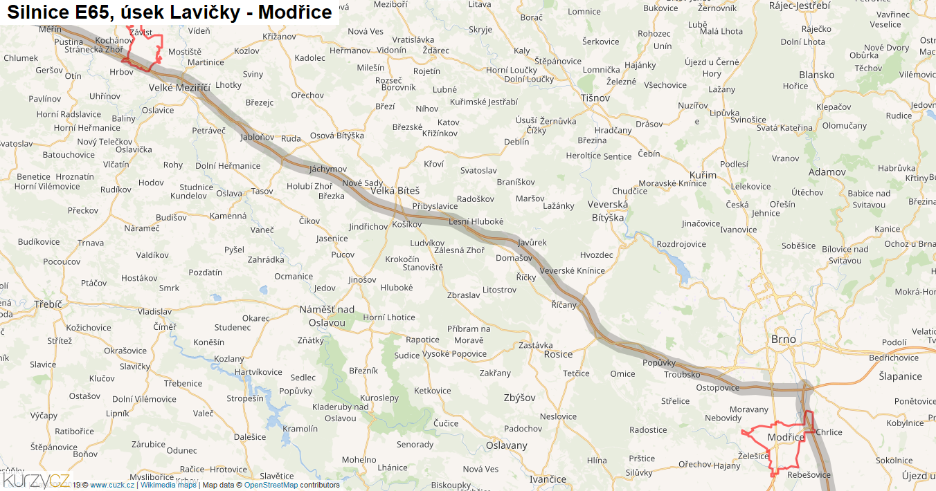 Úsek Lavičky - Modřice, Silnice E65 - Mapa