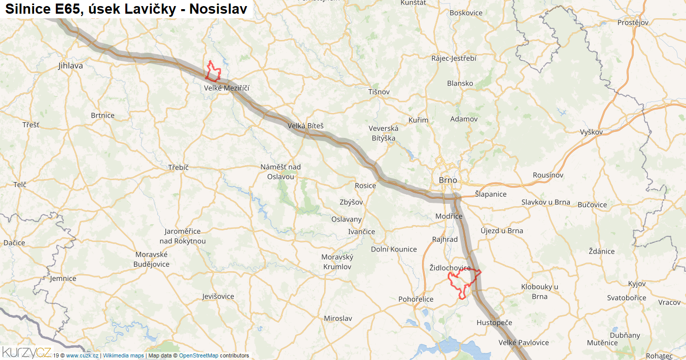 Úsek Lavičky - Nosislav, Silnice E65 - Mapa