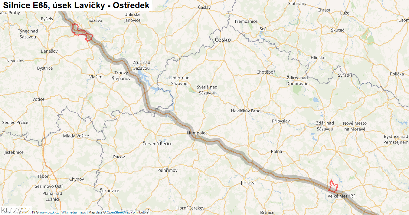 Úsek Lavičky - Ostředek, Silnice E65 - Mapa