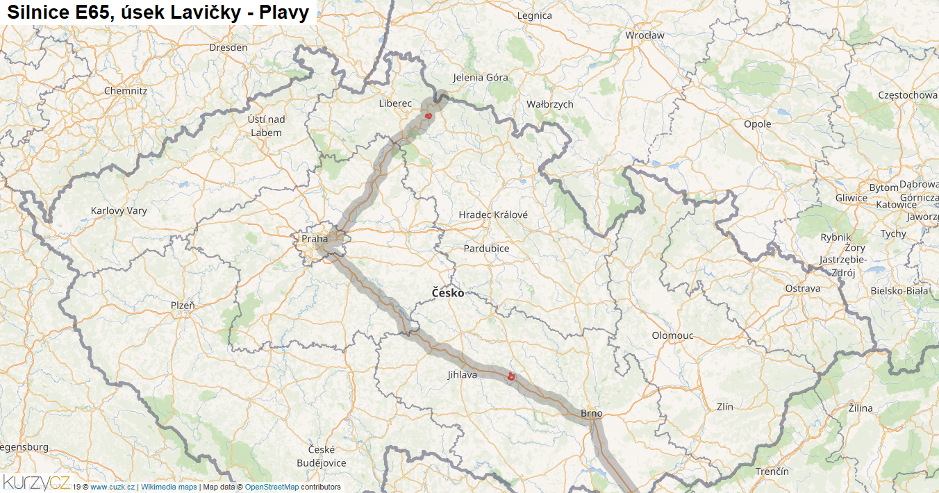 Úsek Lavičky - Plavy, Silnice E65 - Mapa