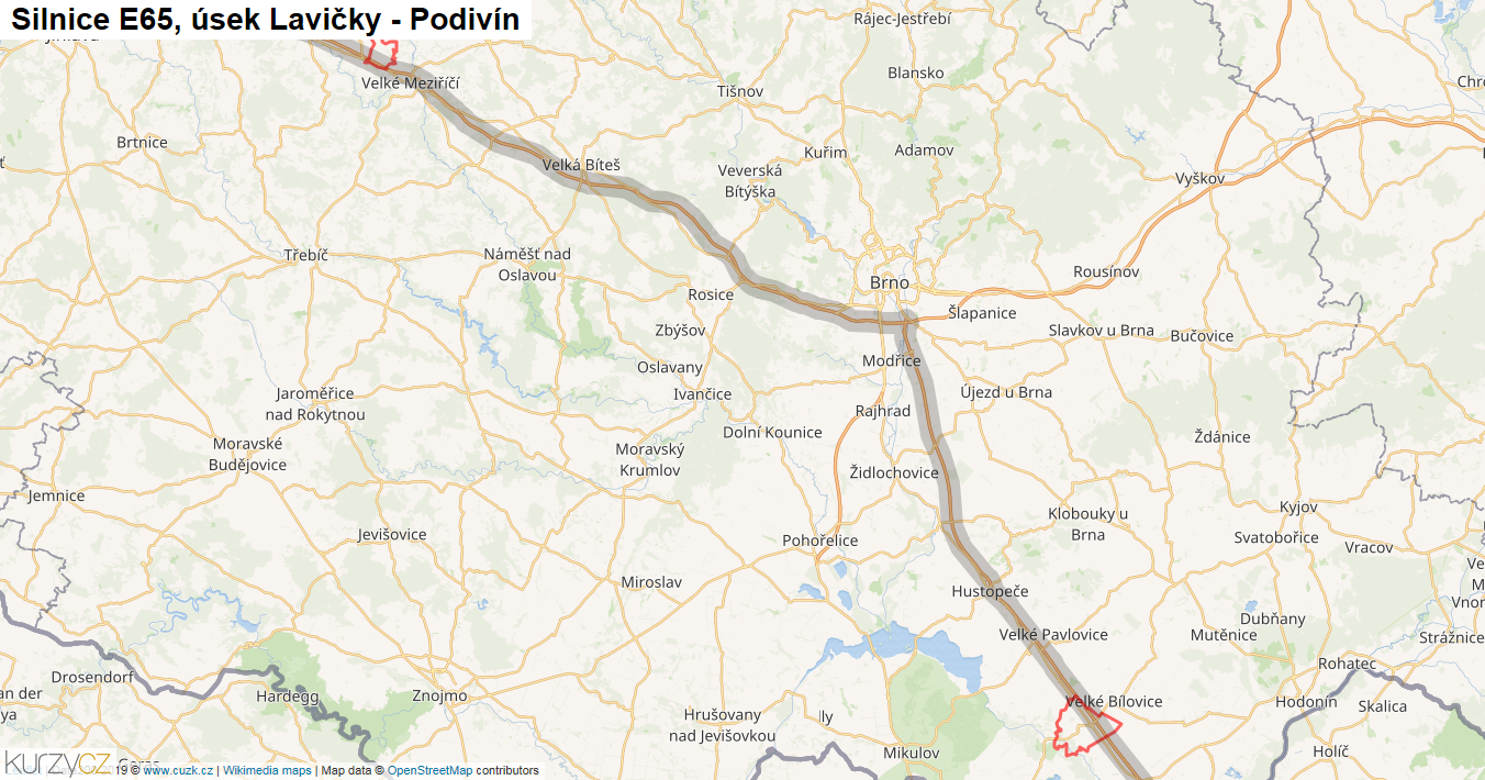 Úsek Lavičky - Podivín, Silnice E65 - Mapa
