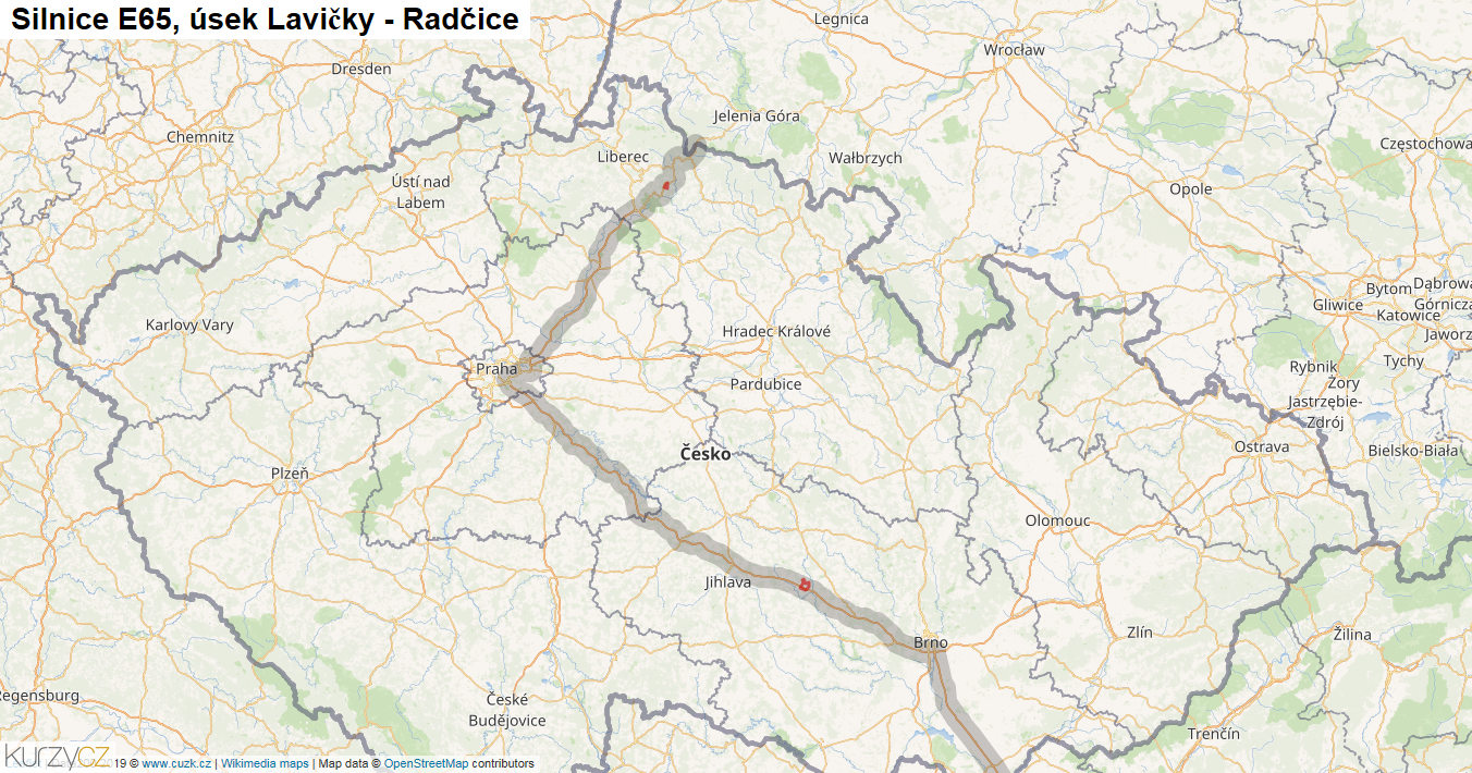 Úsek Lavičky - Radčice, Silnice E65 - Mapa