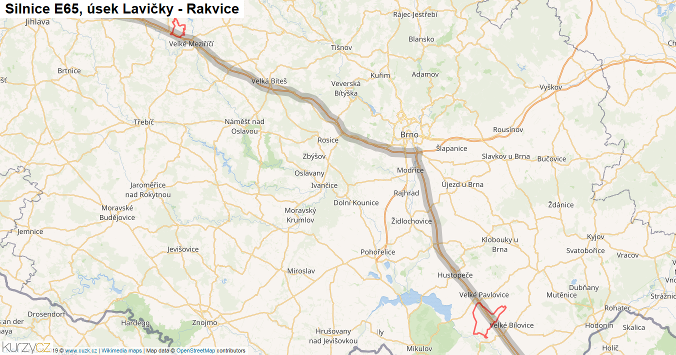 Úsek Lavičky - Rakvice, Silnice E65 - Mapa