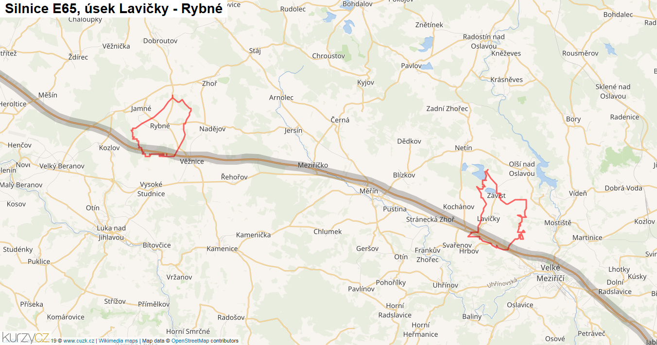 Úsek Lavičky - Rybné, Silnice E65 - Mapa