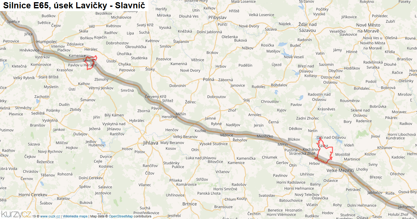Úsek Lavičky - Slavníč, Silnice E65 - Mapa