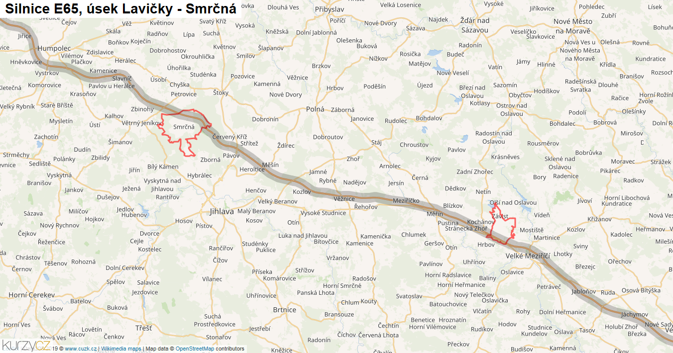 Úsek Lavičky - Smrčná, Silnice E65 - Mapa