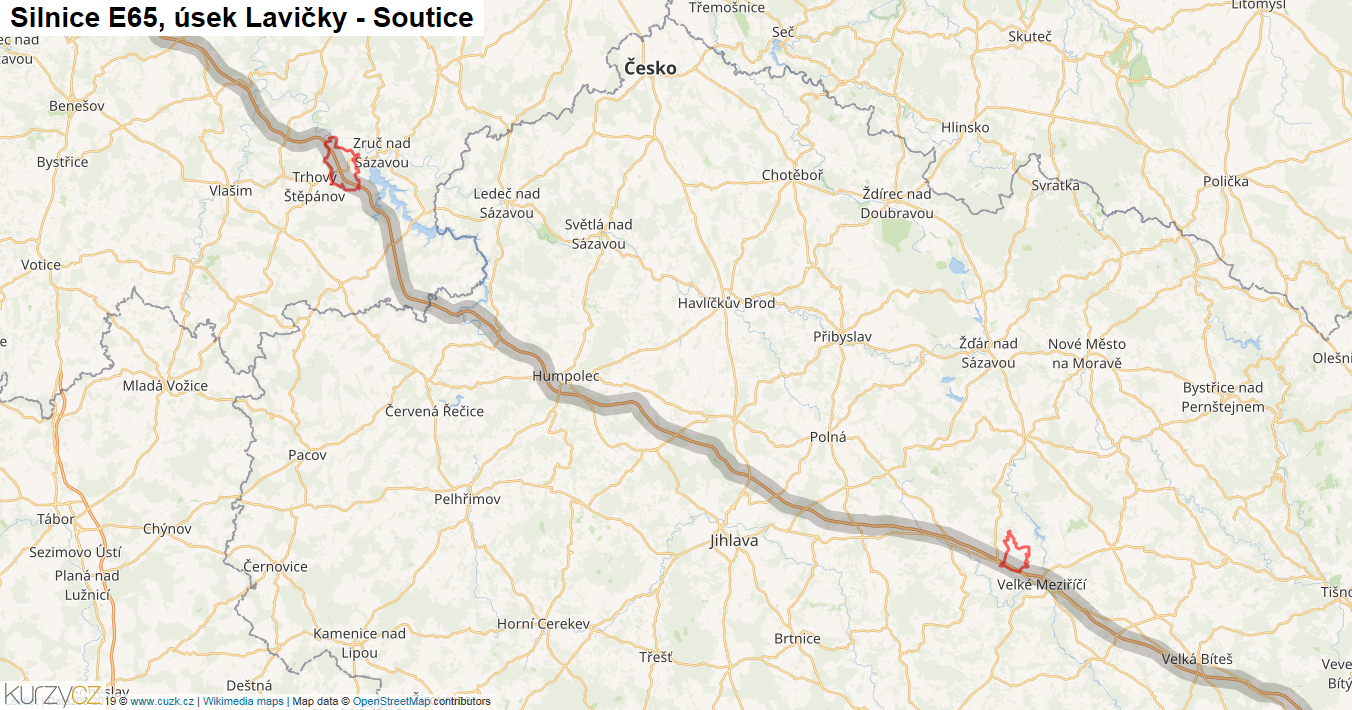 Úsek Lavičky - Soutice, Silnice E65 - Mapa