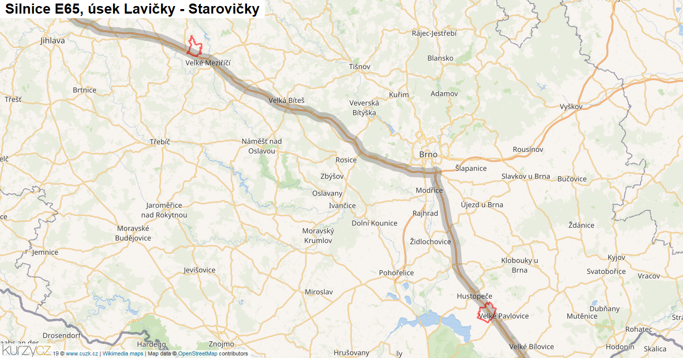 Úsek Lavičky - Starovičky, Silnice E65 - Mapa