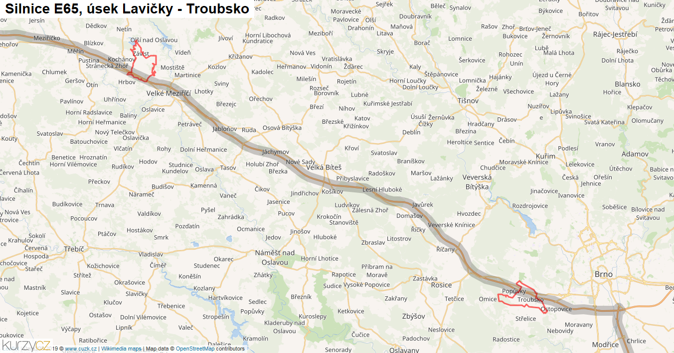 Úsek Lavičky - Troubsko, Silnice E65 - Mapa