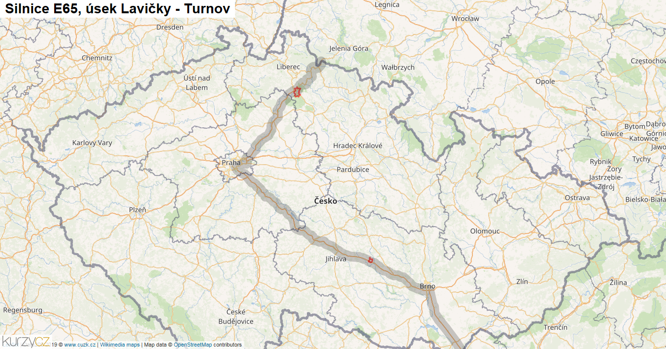 Úsek Lavičky - Turnov, Silnice E65 - Mapa