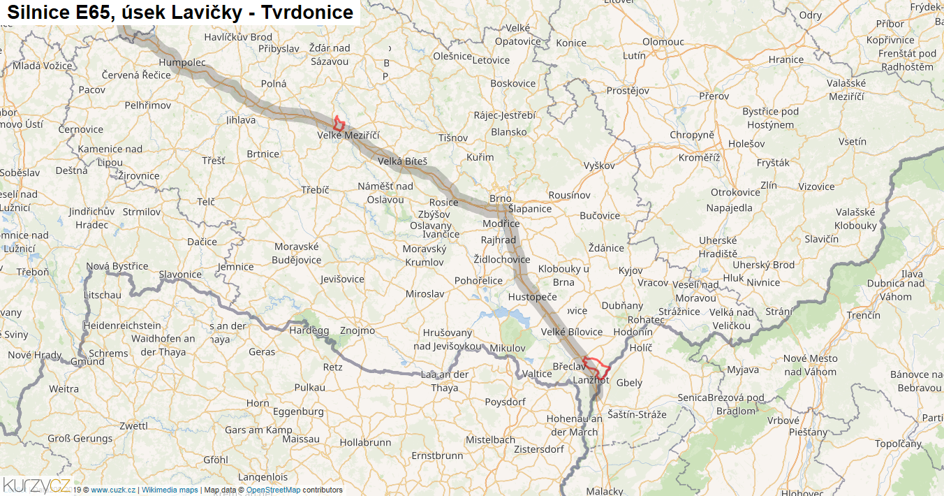 Úsek Lavičky - Tvrdonice, Silnice E65 - Mapa