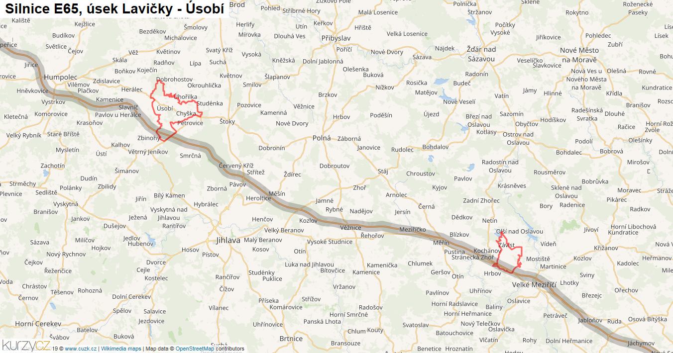 Úsek Lavičky - Úsobí, Silnice E65 - Mapa