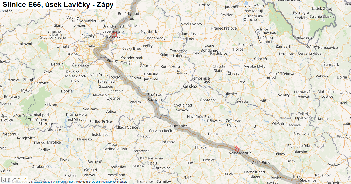 Úsek Lavičky - Zápy, Silnice E65 - Mapa