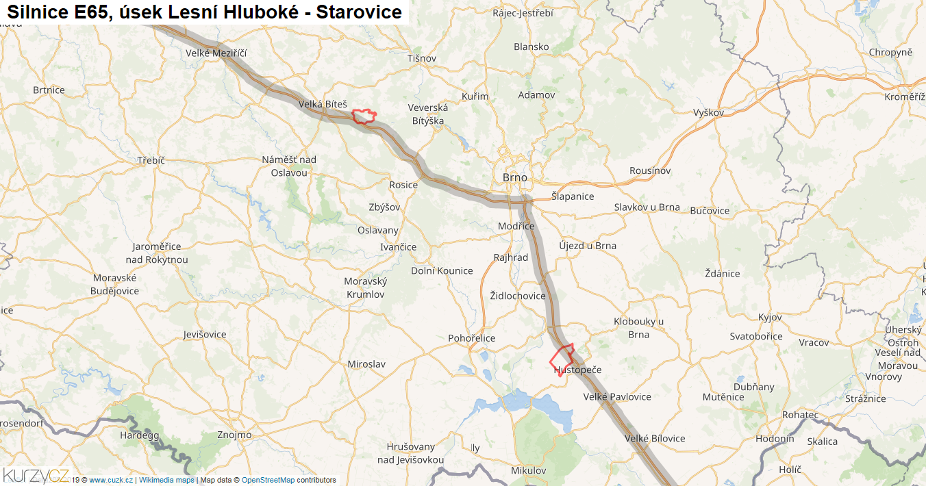 Úsek Lesní Hluboké - Starovice, Silnice E65 - Mapa