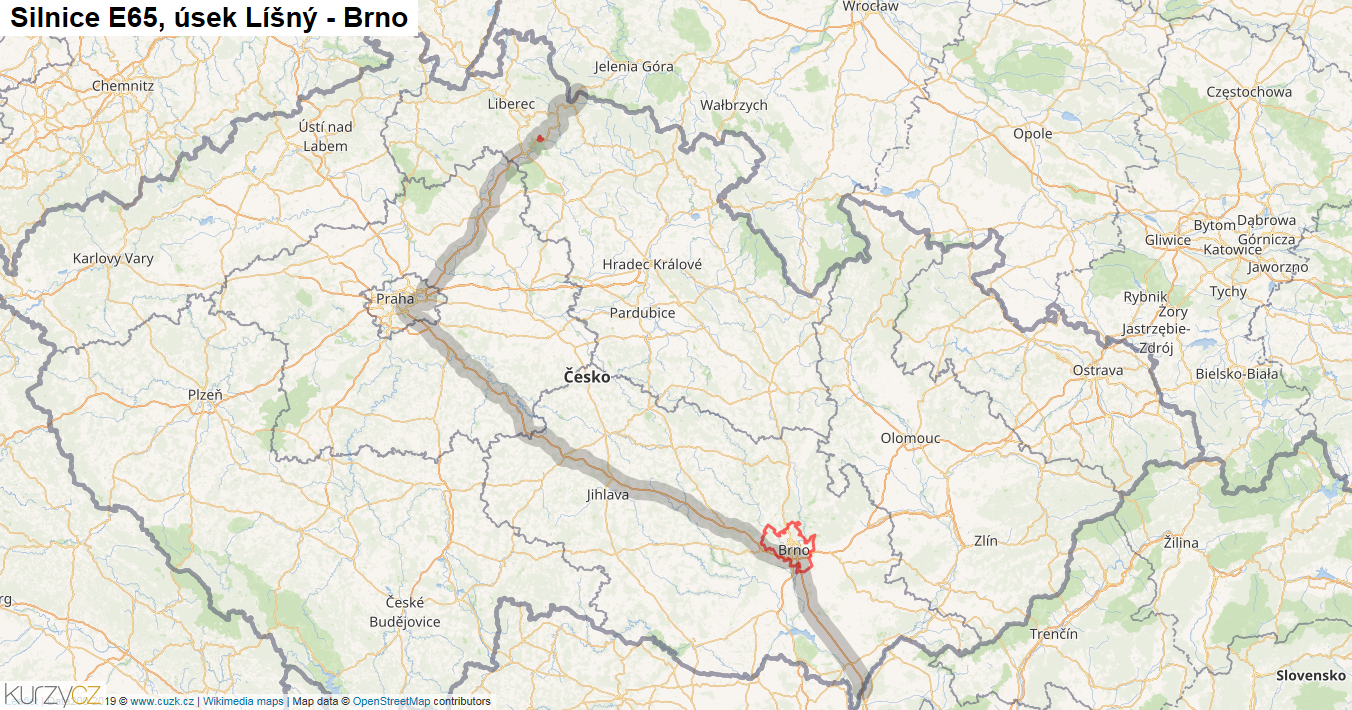 Úsek Líšný - Brno, Silnice E65 - Mapa