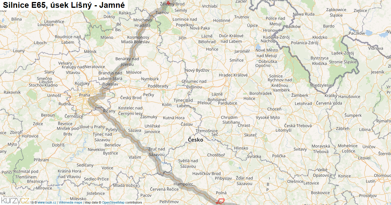 Úsek Líšný - Jamné, Silnice E65 - Mapa