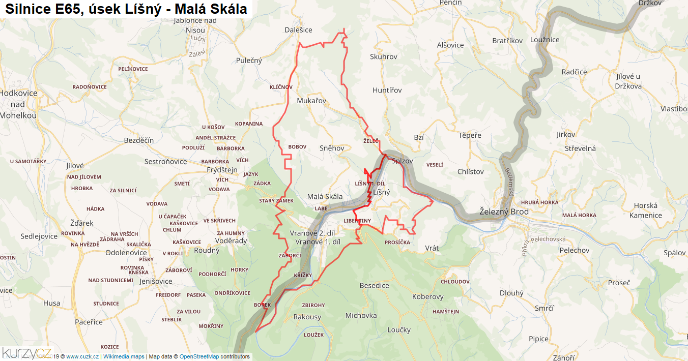 Úsek Líšný - Malá Skála, Silnice E65 - Mapa