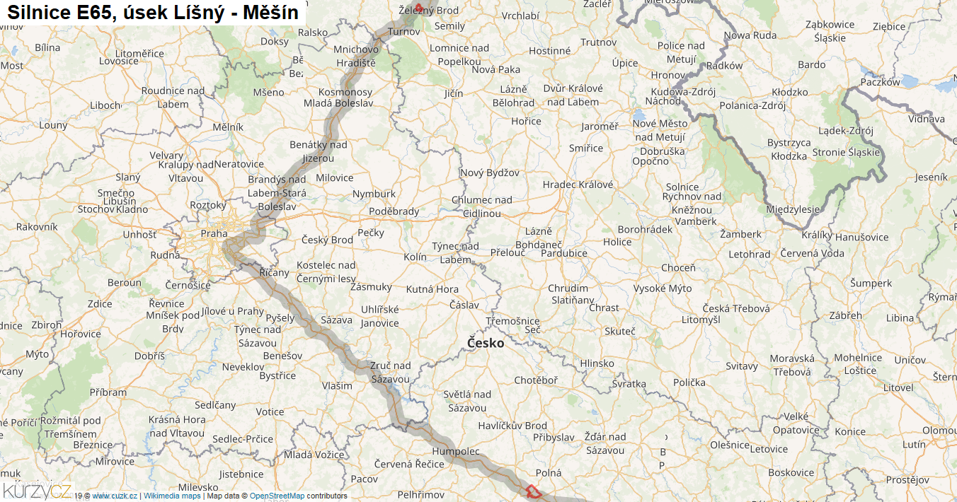 Úsek Líšný - Měšín, Silnice E65 - Mapa