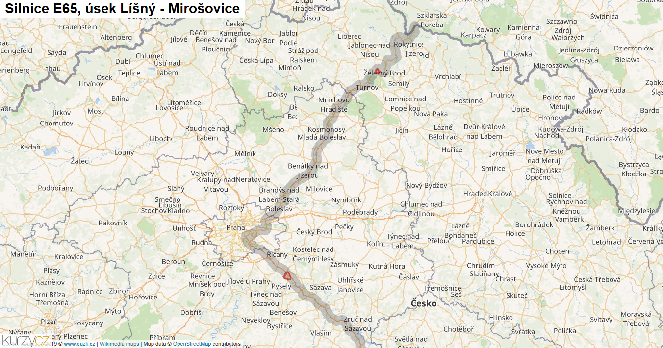 Úsek Líšný - Mirošovice, Silnice E65 - Mapa
