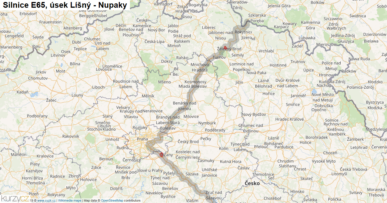 Úsek Líšný - Nupaky, Silnice E65 - Mapa