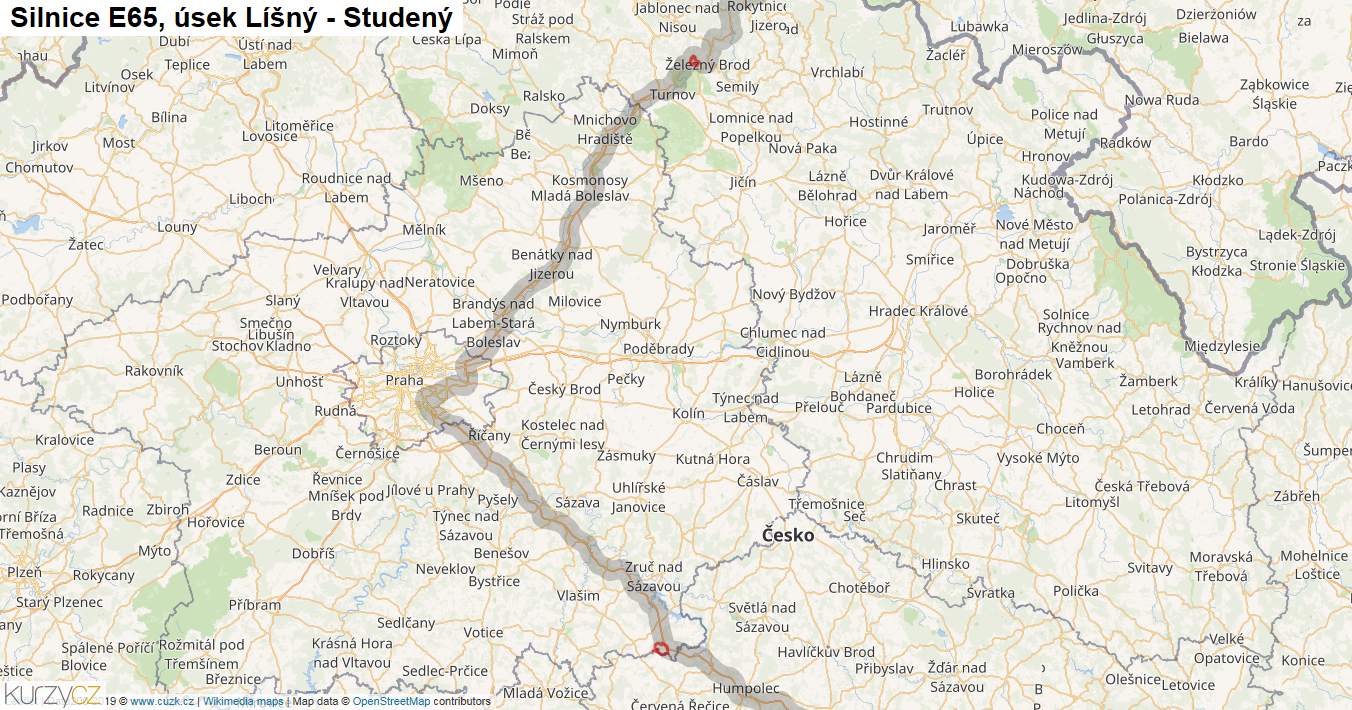 Úsek Líšný - Studený, Silnice E65 - Mapa