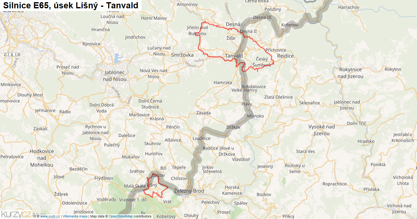 Úsek Líšný - Tanvald, Silnice E65 - Mapa