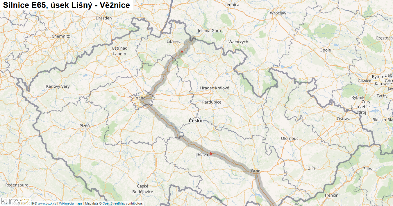 Úsek Líšný - Věžnice, Silnice E65 - Mapa