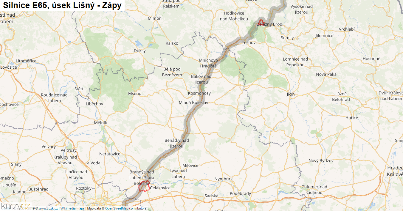 Úsek Líšný - Zápy, Silnice E65 - Mapa