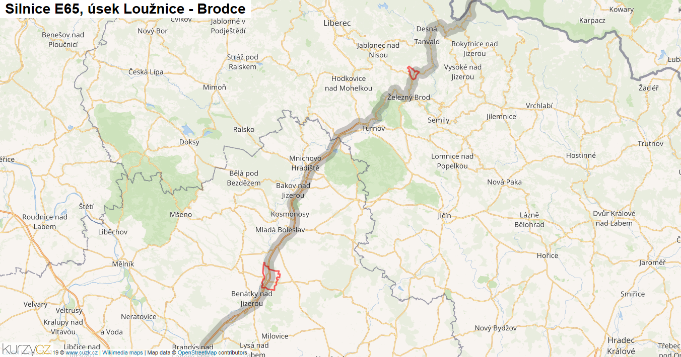 Úsek Loužnice - Brodce, Silnice E65 - Mapa