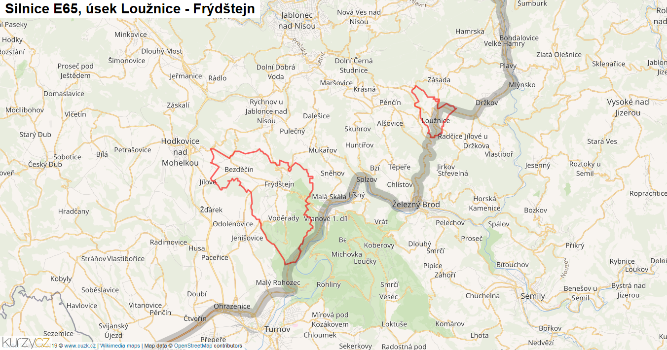 Úsek Loužnice - Frýdštejn, Silnice E65 - Mapa