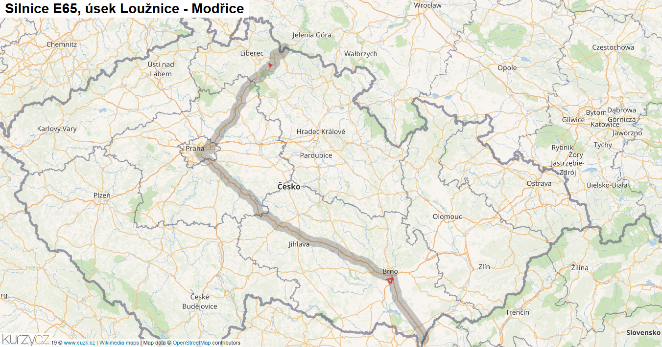 Úsek Loužnice - Modřice, Silnice E65 - Mapa