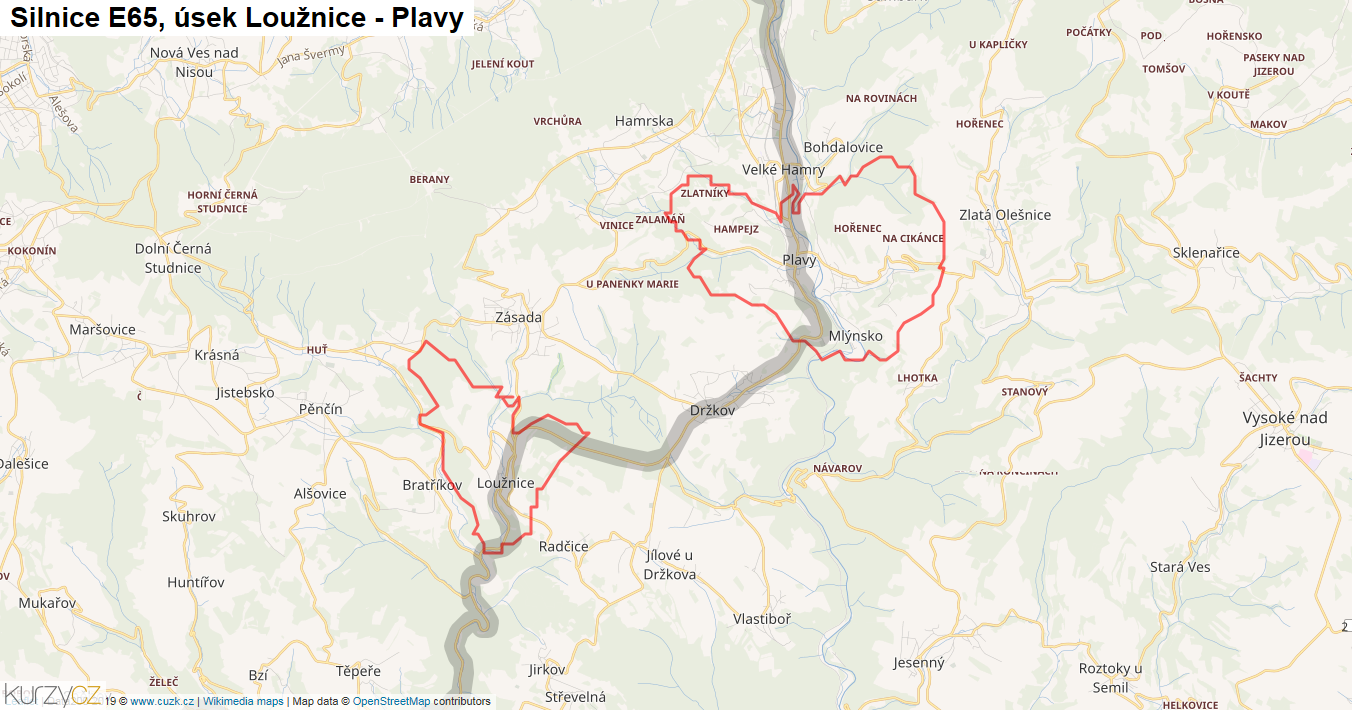 Úsek Loužnice - Plavy, Silnice E65 - Mapa