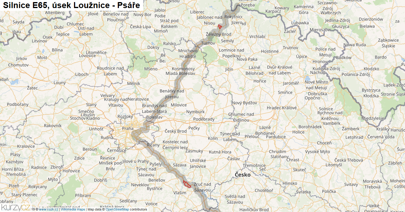Úsek Loužnice - Psáře, Silnice E65 - Mapa