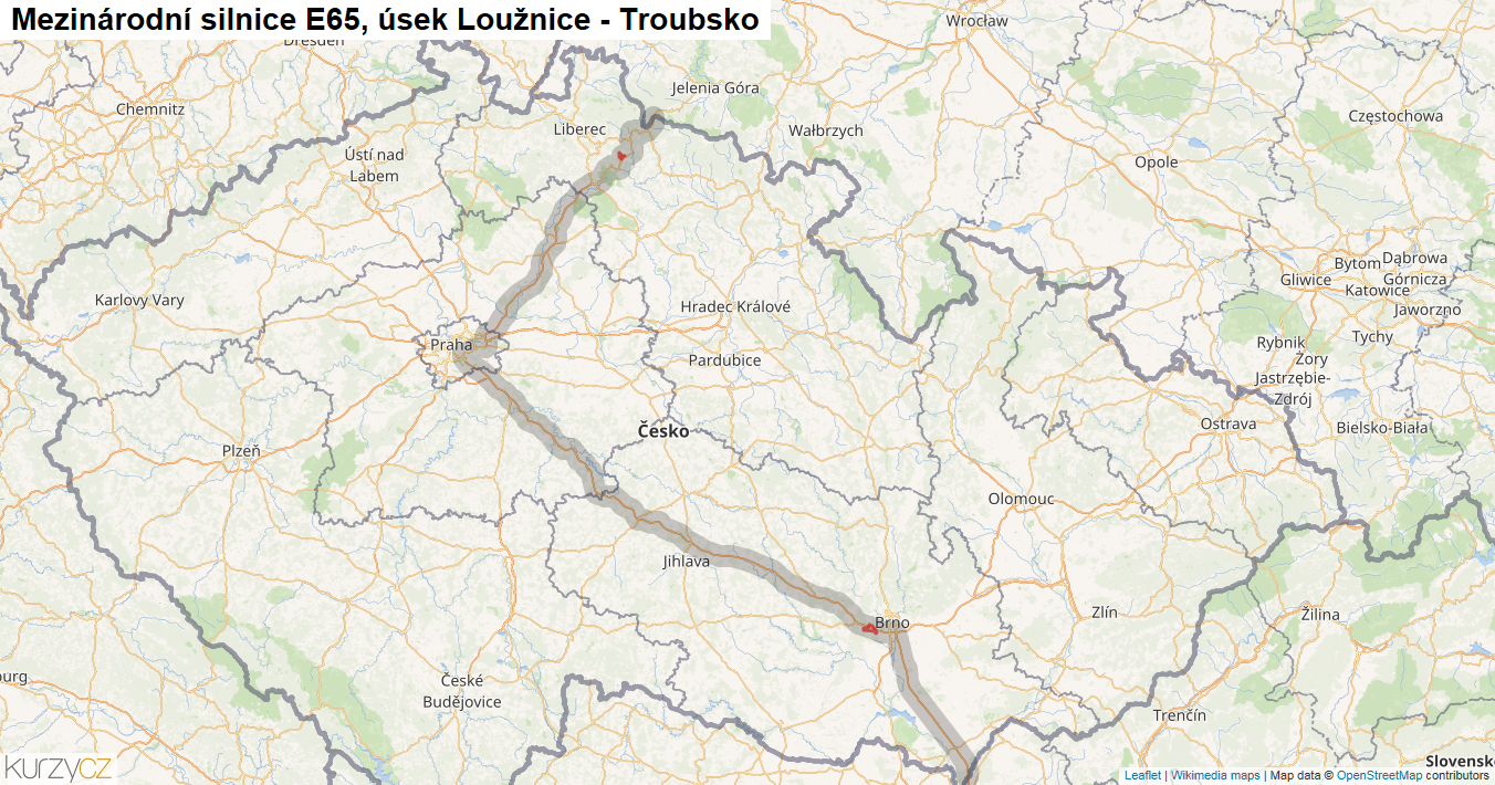 Úsek Loužnice - Troubsko, Silnice E65 - Mapa