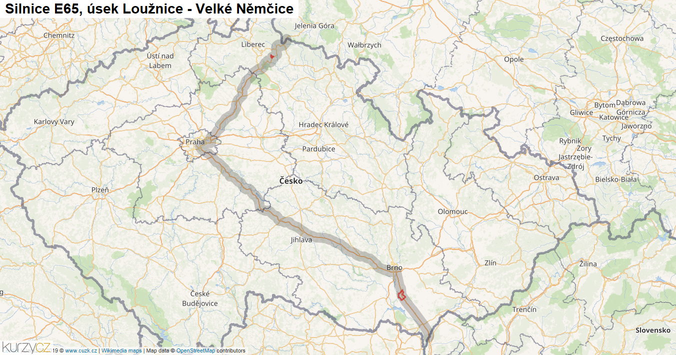 Úsek Loužnice - Velké Němčice, Silnice E65 - Mapa