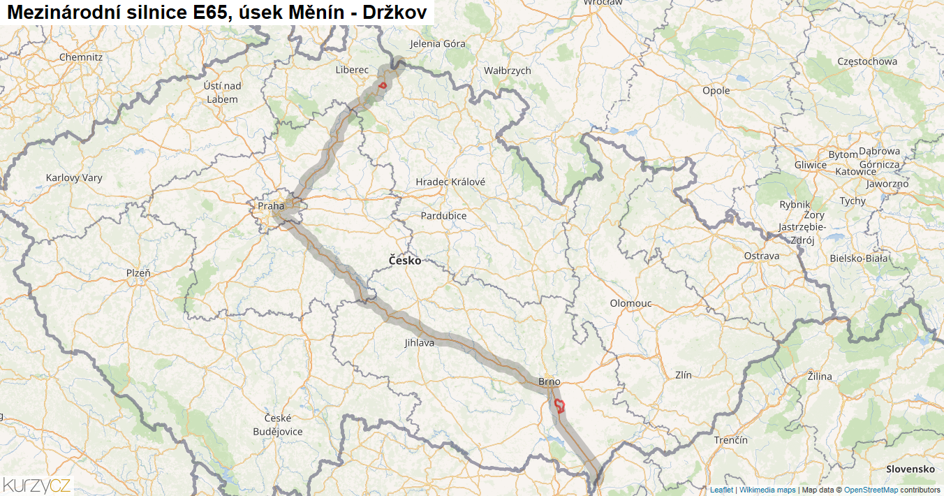 Úsek Měnín - Držkov, Silnice E65 - Mapa