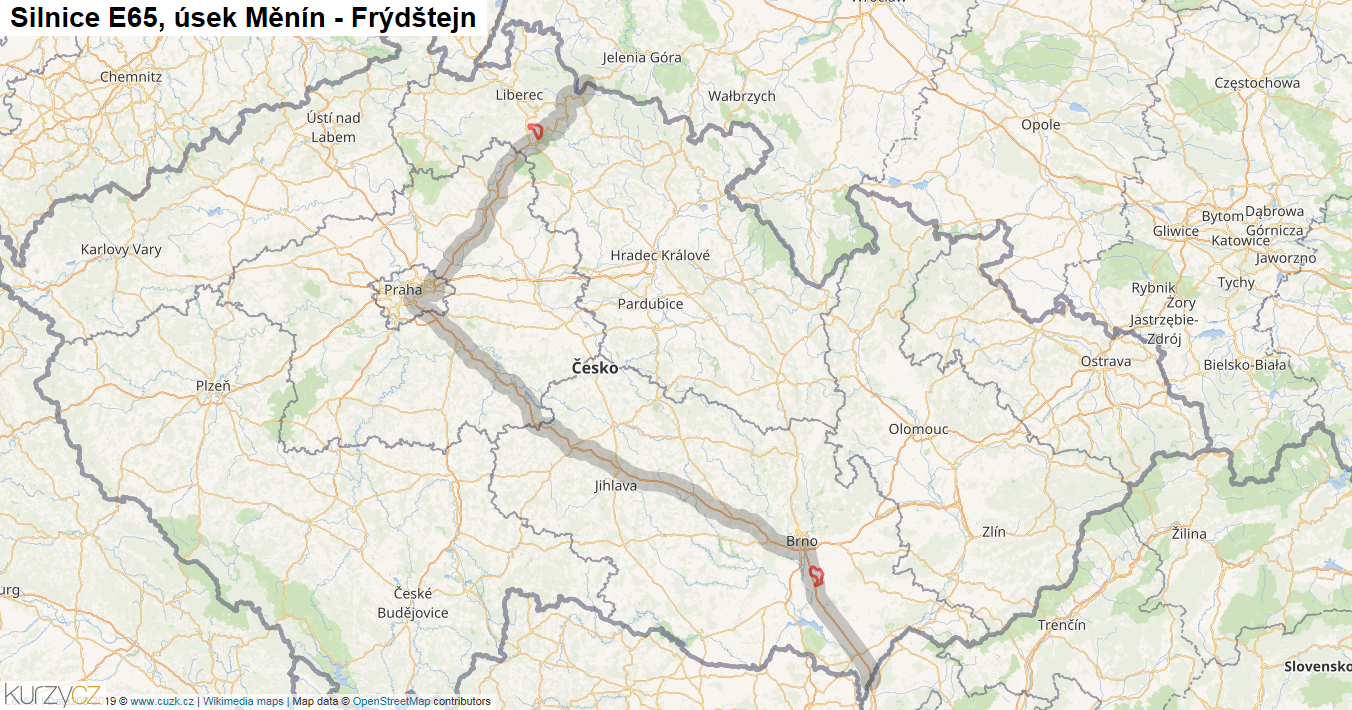Úsek Měnín - Frýdštejn, Silnice E65 - Mapa