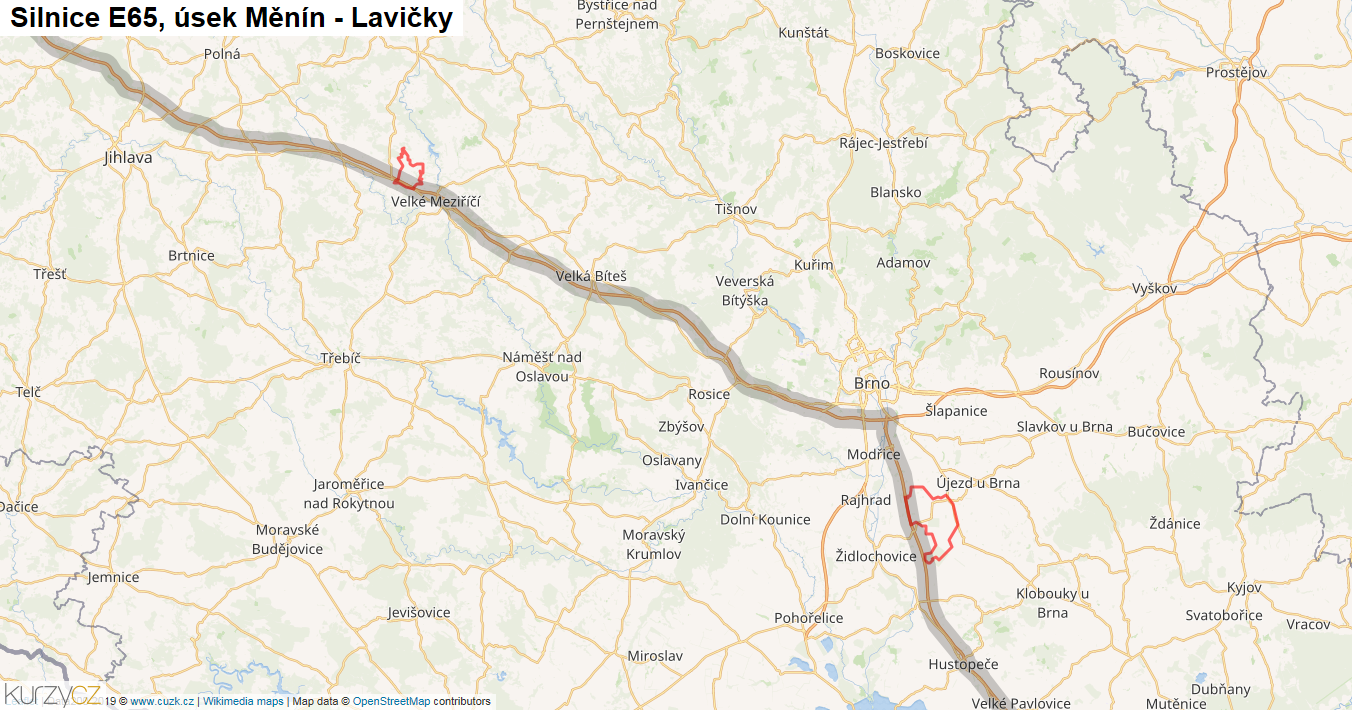 Úsek Měnín - Lavičky, Silnice E65 - Mapa