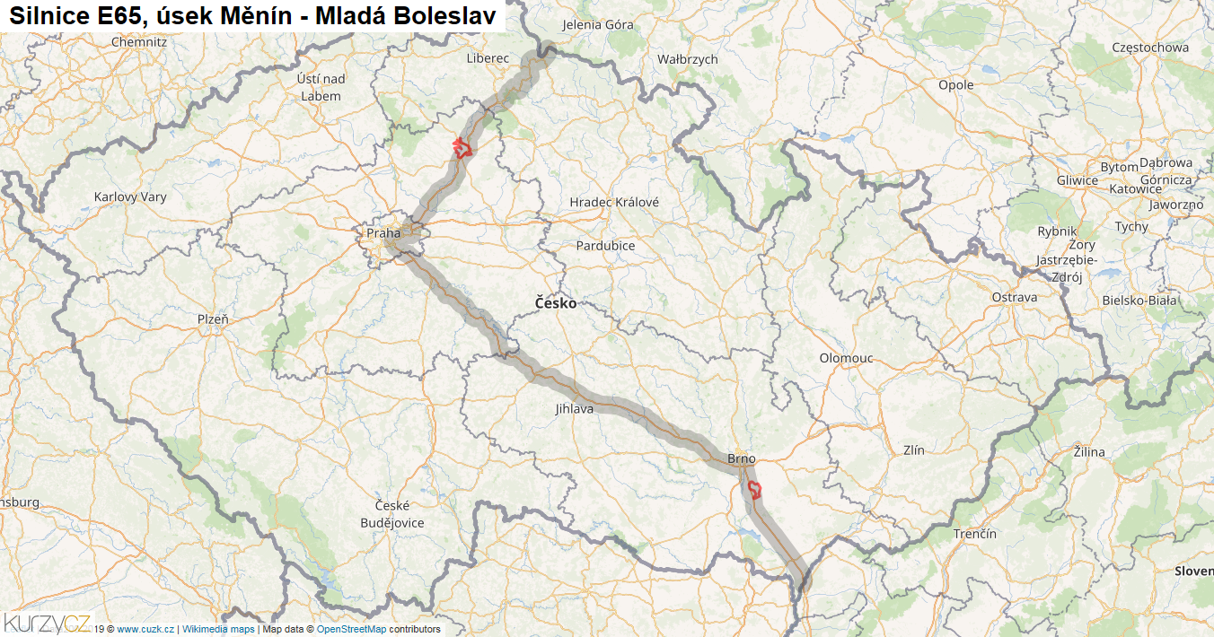 Úsek Měnín - Mladá Boleslav, Silnice E65 - Mapa