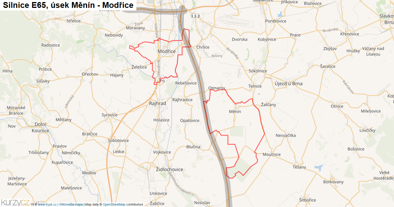 Úsek Měnín - Modřice, Silnice E65 - Mapa