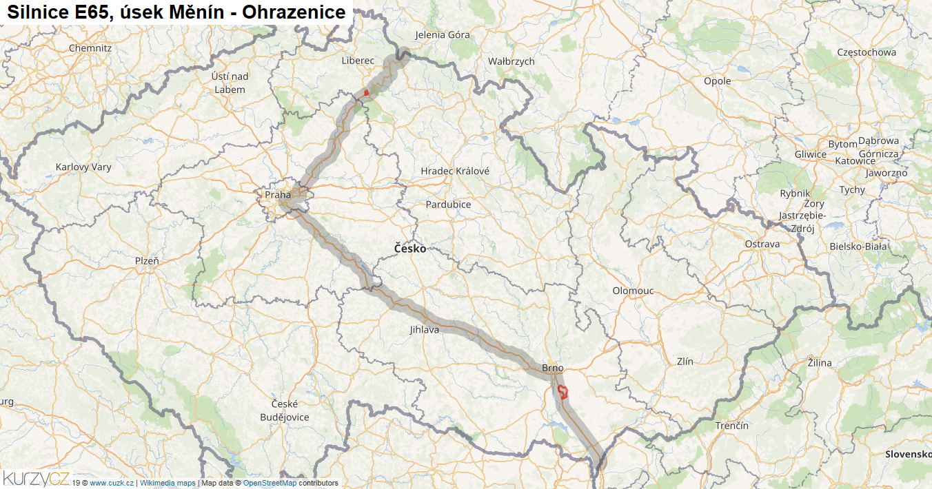 Úsek Měnín - Ohrazenice, Silnice E65 - Mapa