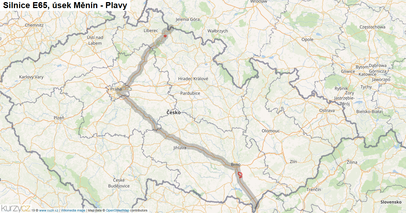 Úsek Měnín - Plavy, Silnice E65 - Mapa