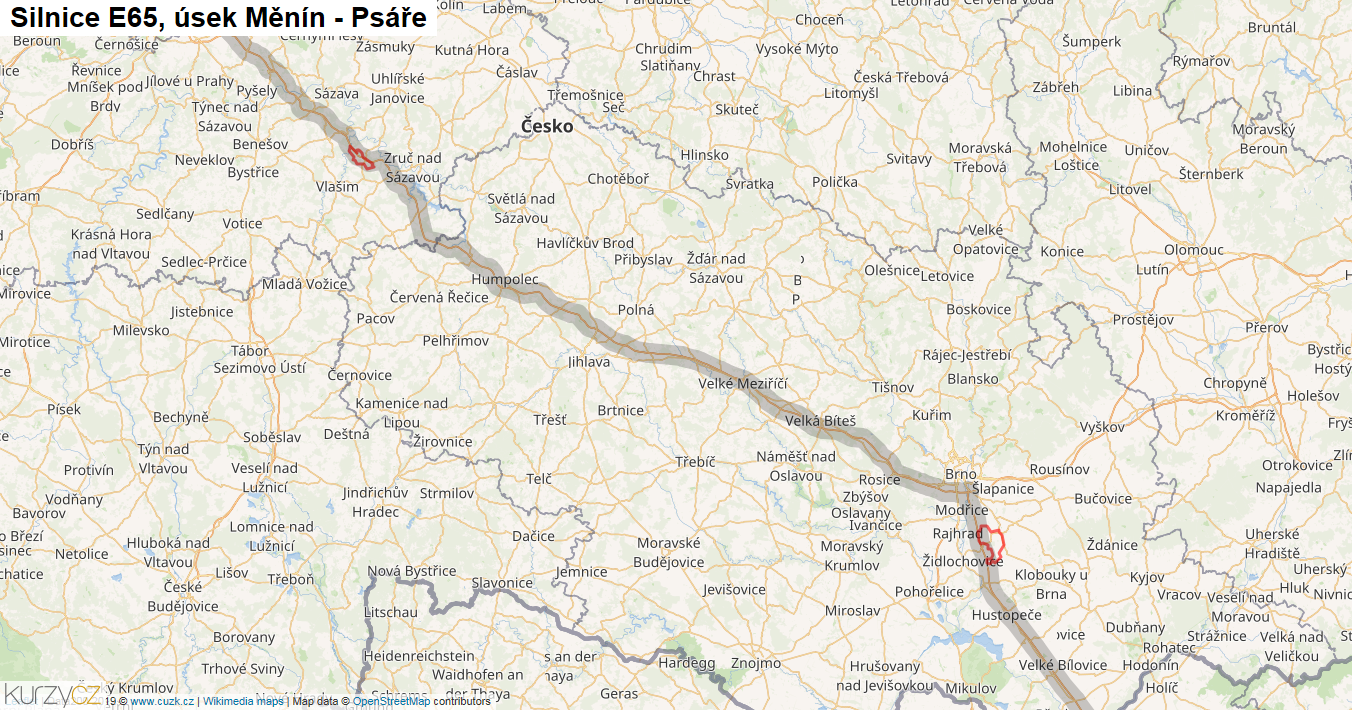 Úsek Měnín - Psáře, Silnice E65 - Mapa