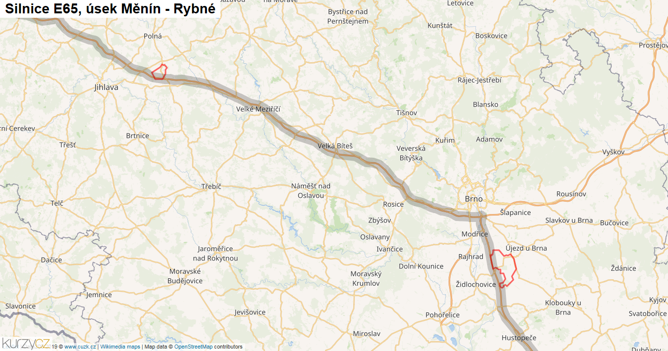 Úsek Měnín - Rybné, Silnice E65 - Mapa