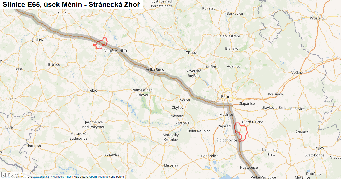 Úsek Měnín - Stránecká Zhoř, Silnice E65 - Mapa