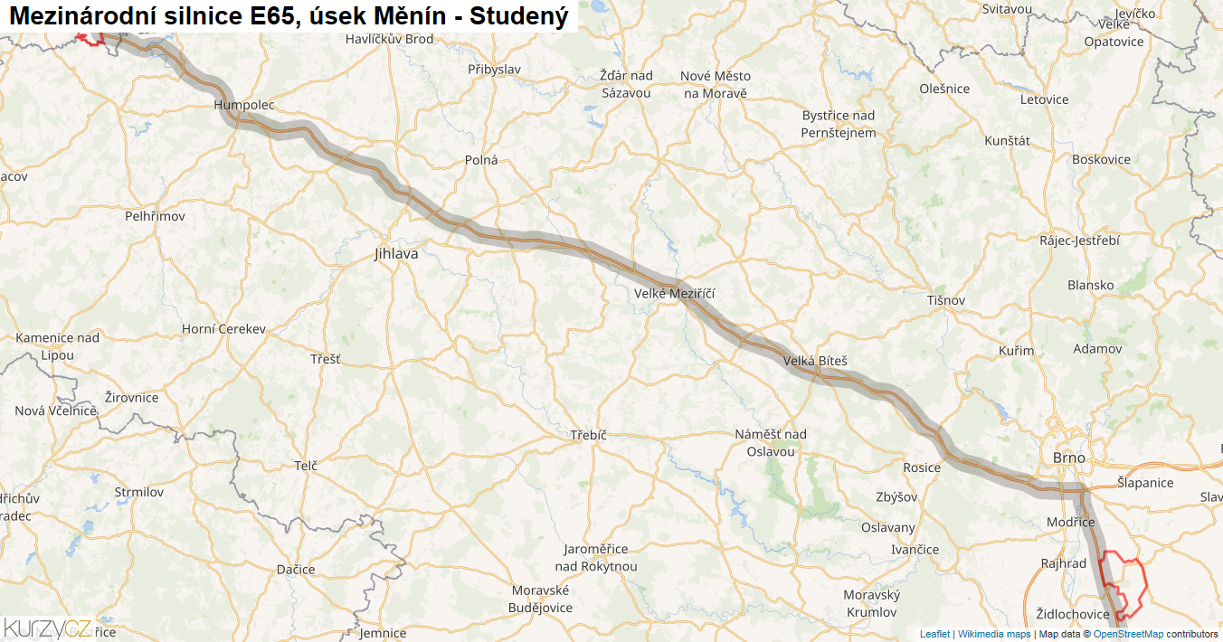 Úsek Měnín - Studený, Silnice E65 - Mapa