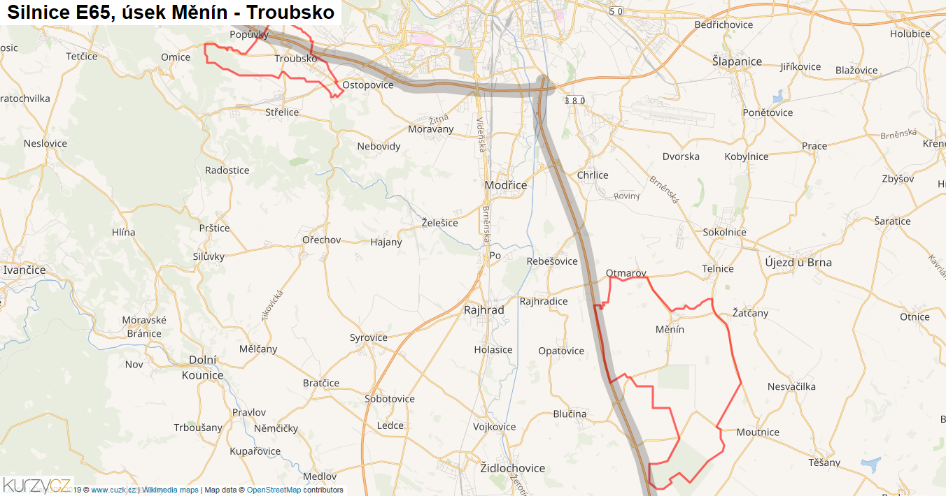 Úsek Měnín - Troubsko, Silnice E65 - Mapa